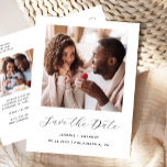 Minimaal 2-Foto Zwart-Wit Bewaar de Datum Aankondigingskaart<br><div class="desc">Dit eenvoudige, minimalistische Save the Date-briefkaart heeft een vierkante foto boven de woorden "Save the Date" in een elegant zwart handschrift, gevolgd door de namen van het paar, de trouwdatum en de stad in sans serif-lettertype op een witte achtergrond. Voeg een tweede, horizontale foto en een meer gedetailleerd bericht met...</div>
