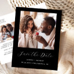 Minimaal 2-Photo Script Zwart De datum opslaan Aankondigingskaart<br><div class="desc">Dit eenvoudige, minimalistische Save the Date-briefkaart heeft een vierkante foto boven de woorden "Save the Date" in een elegant wit handschrift, gevolgd door de namen van het paar, de trouwdatum en de stad in sans serif-lettertype op een zwarte achtergrond. Voeg een tweede, horizontale foto en een meer gedetailleerd bericht met...</div>