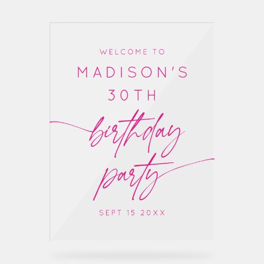 Minimaal 30e verjaardagsfeest roze Frosted Welkom Acryl Bord (Voorkant)