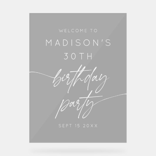 Minimaal 30e verjaardagsfeest welkom wit script acryl bord (Voorkant)
