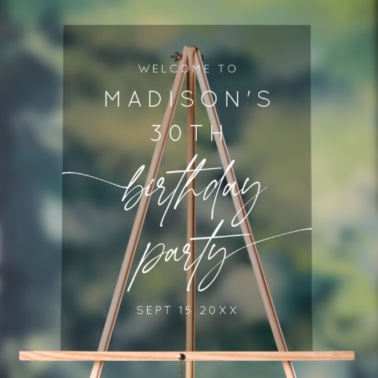 Minimaal 30e verjaardagsfeest welkom wit script acryl bord (Neutraal)