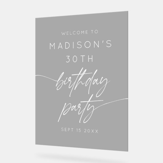 Minimaal 30e verjaardagsfeest welkom wit script acryl bord (Hoek)