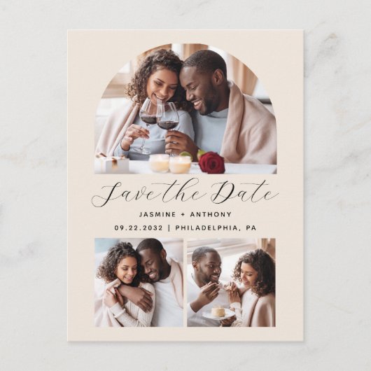 Minimaal 3 Photo Arch QR Code Beige Sla de datum o Briefkaart (Voorkant)