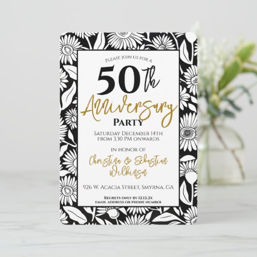 Minimaal 50e bruiloft Jubileum Party Zwart Goud Kaart (Staand voorkant)