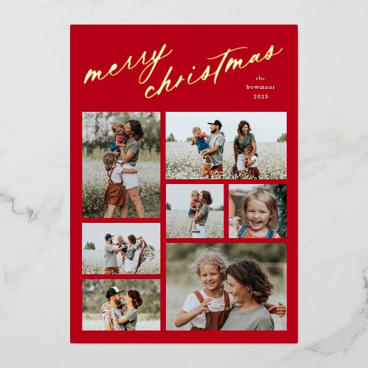 Minimaal 7 Fotocollage Script Vrolijk Kerstfeest Folie Feestdagenkaart (Voorkant)