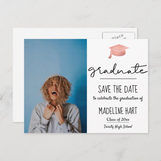 Minimaal Afstuderen script | De datum-foto opslaan Aankondigingskaart (Voorkant / Achterkant)