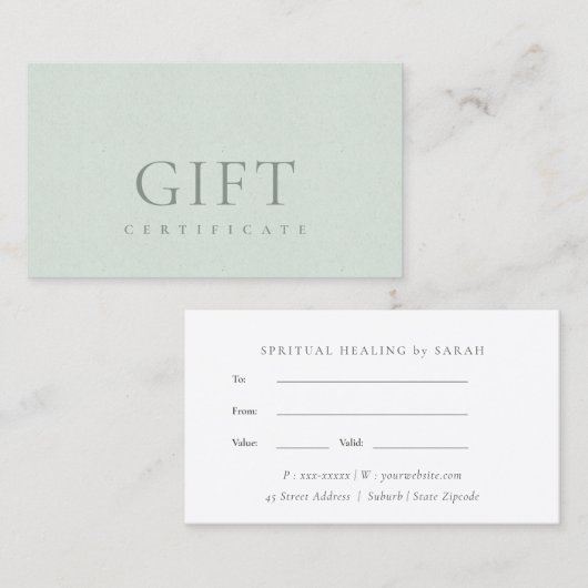 Minimaal Aqua Dusky Blue Script Cadeaucertificaat Visitekaartje (Voorkant / Achterkant)