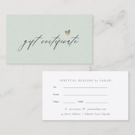 Minimaal Aqua Script Silver Heart Cadeaucertificaa Visitekaartje (Voorkant / Achterkant)