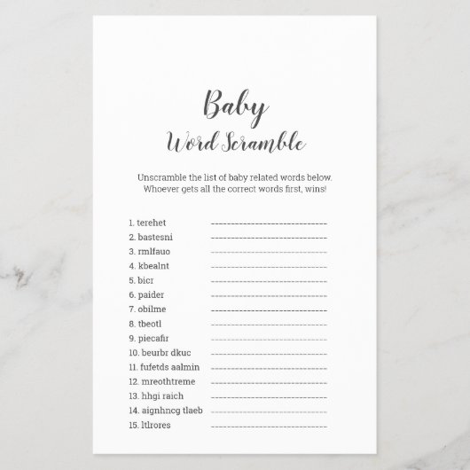 Minimaal Baby shower Baby Word Scramble Game Flyer (Voorkant)