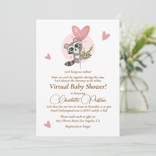 Minimaal Baby shower Cute Raccoon Virtual Kaart (Staand voorkant)