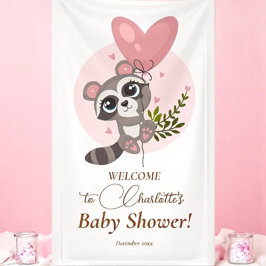 Minimaal Baby shower Cute Raccoon Welkom Spandoek