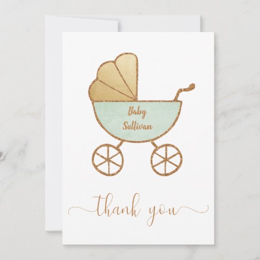 Minimaal Baby shower Retro Carriage Mint Gold Bedankkaart (Voorkant)