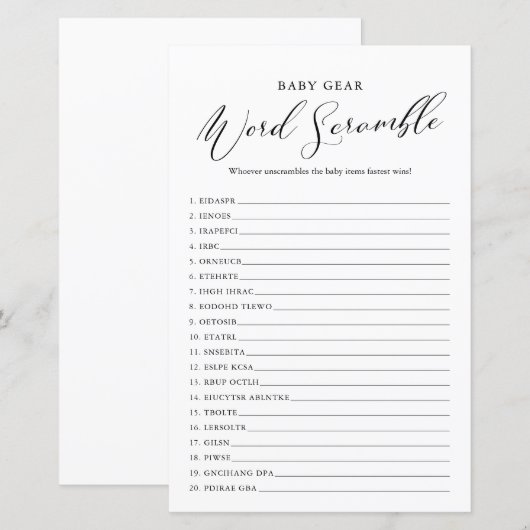 Minimaal Baby shower voor kalligrafie Word Scrambl (Voorkant / Achterkant)