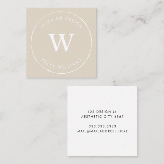 Minimaal beige Circle Business Monogram Branding Vierkante Visitekaartje (Voorkant / Achterkant)