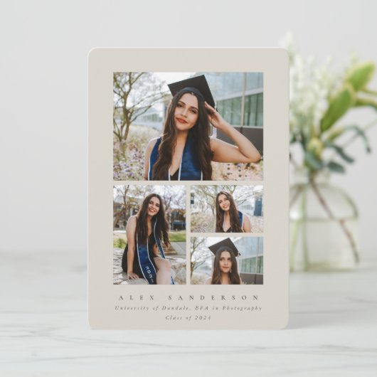 Minimaal Beige Lijst 4 Foto Afstuderen Aankondiging (Staand voorkant)