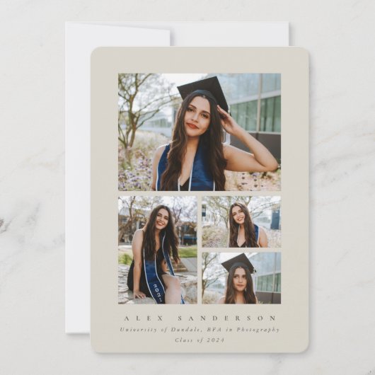 Minimaal Beige Lijst 4 Foto Afstuderen Aankondiging (Voorkant)