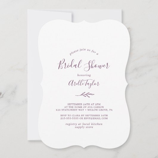 Minimaal blad | Aubergine bruids douche uitnodigin Kaart (Voorkant)