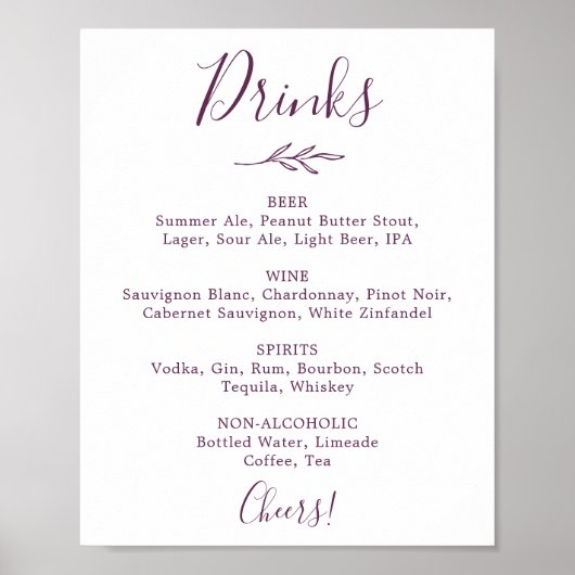 Minimaal blad | Aubergine Bruiloft Drinken Menu Poster (Voorkant)