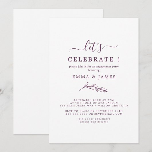 Minimaal blad | Aubergine "Laten we vieren" Kaart (Voorkant / Achterkant)