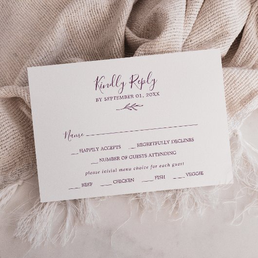 Minimaal blad | Aubergine Menu Keuze RSVP-kaart