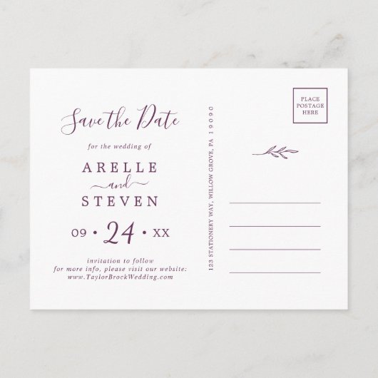 Minimaal blad | Aubergine Save the Date Uitnodiging Briefkaart (Achterkant)