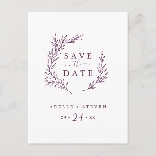Minimaal blad | Aubergine Save the Date Uitnodiging Briefkaart (Voorkant)