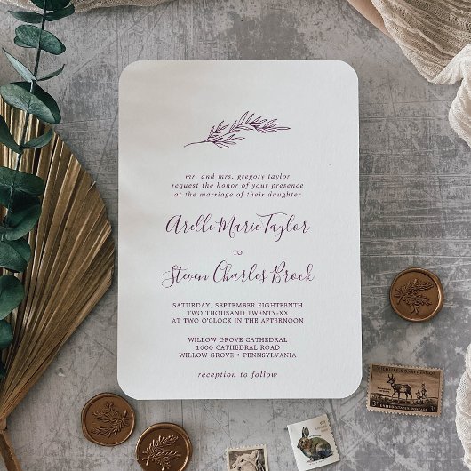 Minimaal blad | Aubergine traditionele bruiloft Kaart