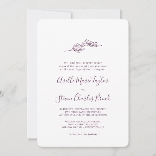 Minimaal blad | Aubergine traditionele bruiloft Kaart (Voorkant)