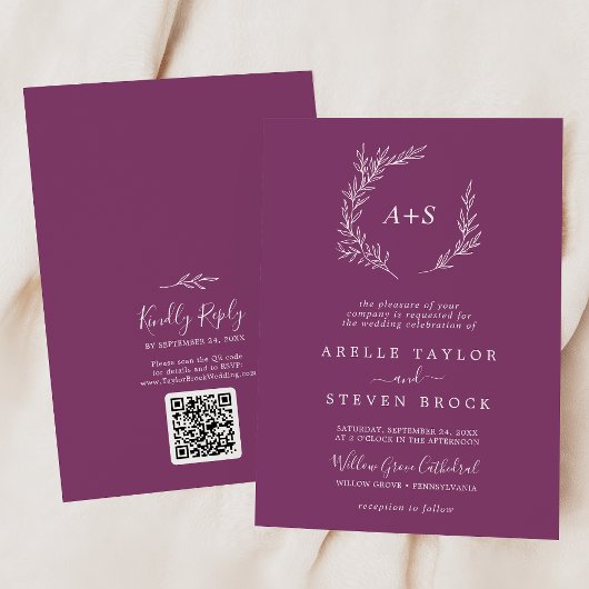 Minimaal blad | Berry Monogram QR Code Bruiloft Kaart
