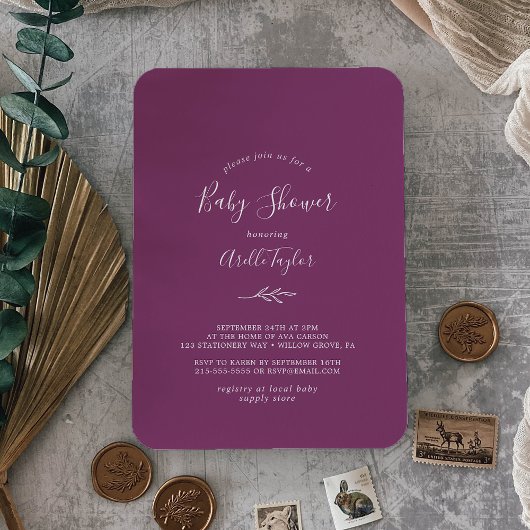 Minimaal blad | Berry Paarse Baby shower Invitatio Kaart