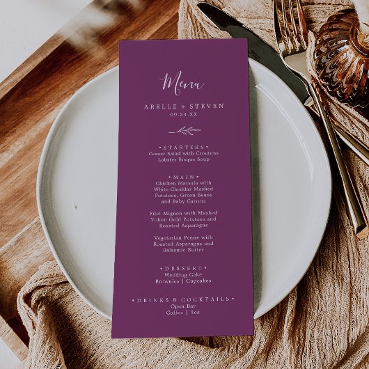 Minimaal blad | Berry Paarse bruiloft diner Menu