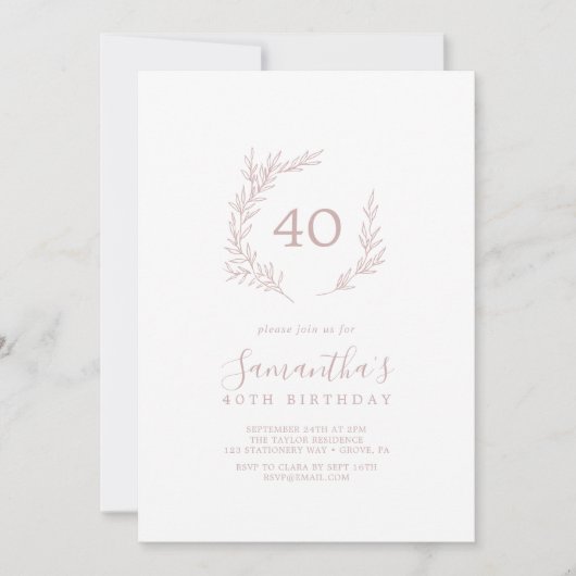 Minimaal blad | Blush Pink 40th Verjaardag Kaart (Voorkant)