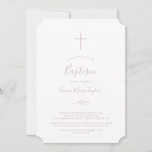 Minimaal blad | Blush Pink Baptism Kaart (Voorkant)