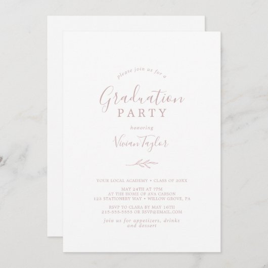 Minimaal blad | Blush Pink Graduation Party Kaart (Voorkant / Achterkant)