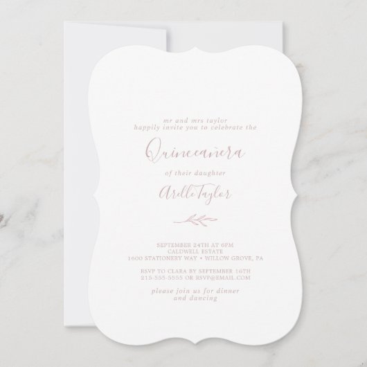 Minimaal blad | Blush Pink Quinceañera Kaart (Voorkant)