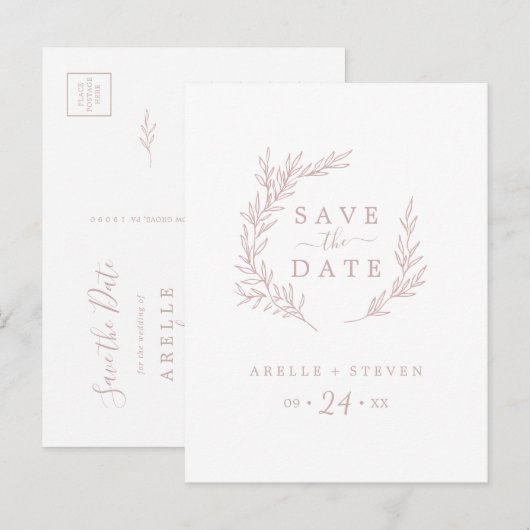 Minimaal blad | Blush Pink Save the Date Uitnodiging Briefkaart (Voorkant / Achterkant)