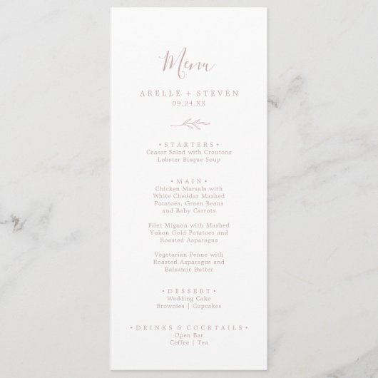 Minimaal blad | Blush Roze Bruiloft Diner Menu (Voorkant)
