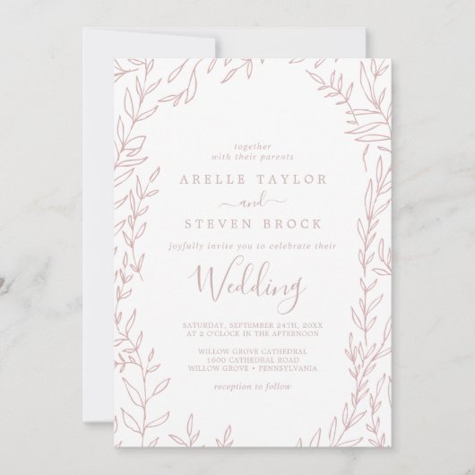 Minimaal blad | Blush Roze Bruiloft Kaart (Voorkant)