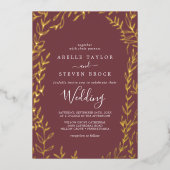 Minimaal blad | Bourgogne en gouden folie bruiloft Folie Uitnodiging (Voorkant)