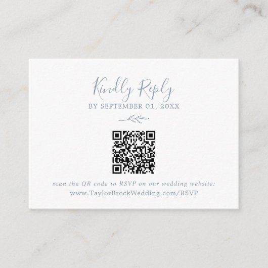 Minimaal blad | Dusty Blue QR Code Monogram RSVP Informatiekaartje (Voorkant)