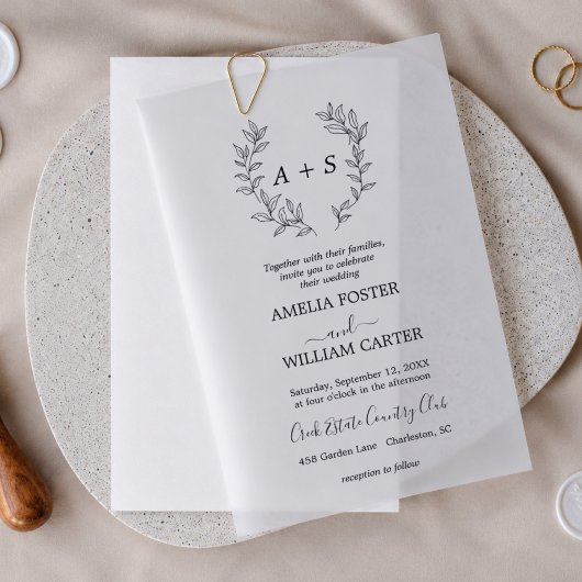Minimaal blad | Formele Monogram Trouwkaart Vellum Uitnodigingen