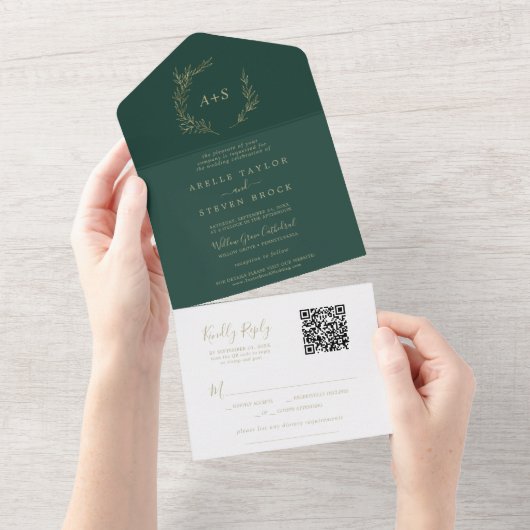 Minimaal blad | Gold en Emerald QR Code Bruiloft All In One Uitnodiging (Afscheurbaar)