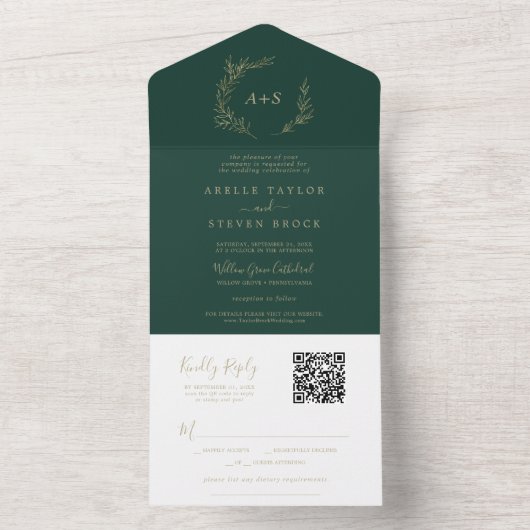 Minimaal blad | Gold en Emerald QR Code Bruiloft All In One Uitnodiging (Binnen)