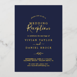 Minimaal blad   Goud folie Navy Trouwreceptie Uitnodiging