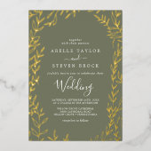 Minimaal blad | Gouden folie Donkergroene bruiloft Folie Uitnodiging (Voorkant)