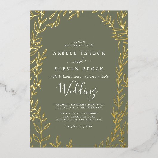 Minimaal blad | Gouden folie Donkergroene bruiloft Folie Uitnodiging (Voorkant)