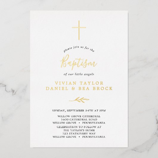 Minimaal blad | Goudfolie 2 of 3 Personen Doop Folie Uitnodiging (Voorkant)