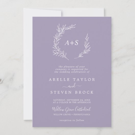 Minimaal blad | Lavendel Formele Monogram Bruiloft Kaart (Voorkant)