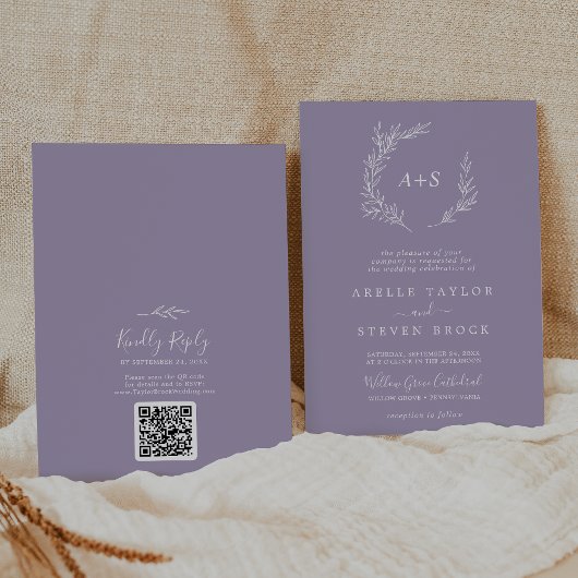 Minimaal blad | Lavendel Monogram QR Code Bruiloft Kaart