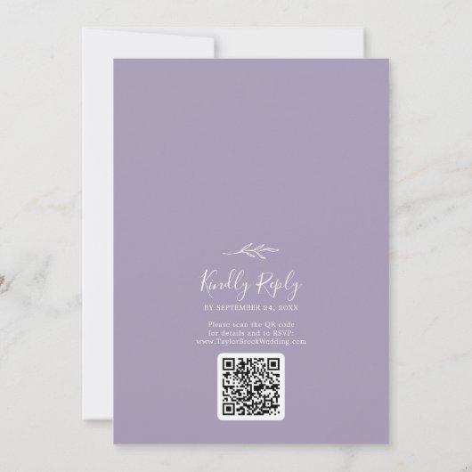Minimaal blad | Lavendel Monogram QR Code Bruiloft Kaart (Achterkant)